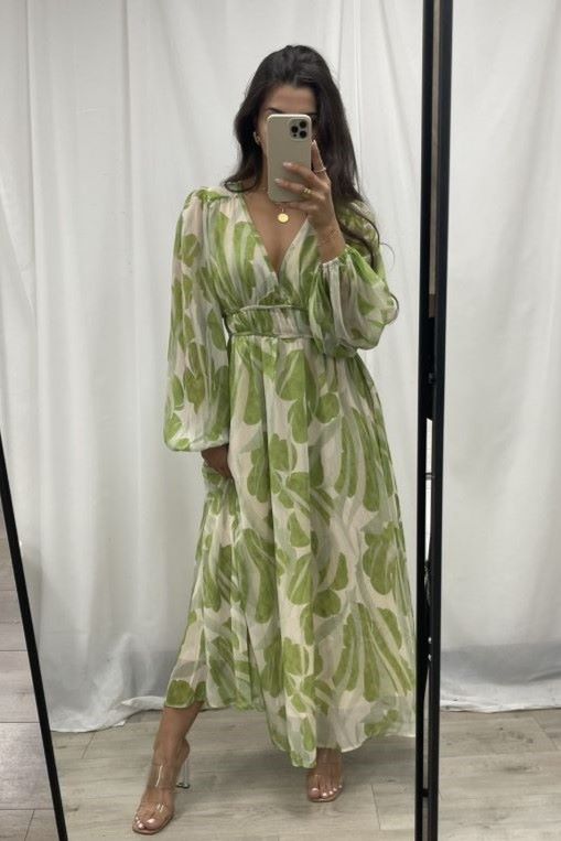 Edwina Leaf Print Long Sleeve Maxi Dress Sage Green