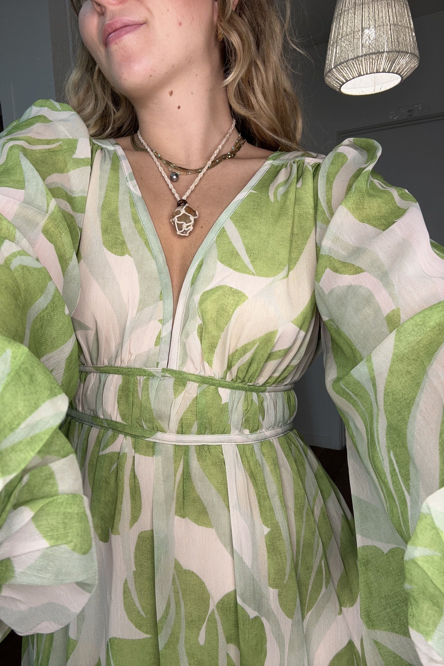 Edwina Leaf Print Long Sleeve Maxi Dress Sage Green