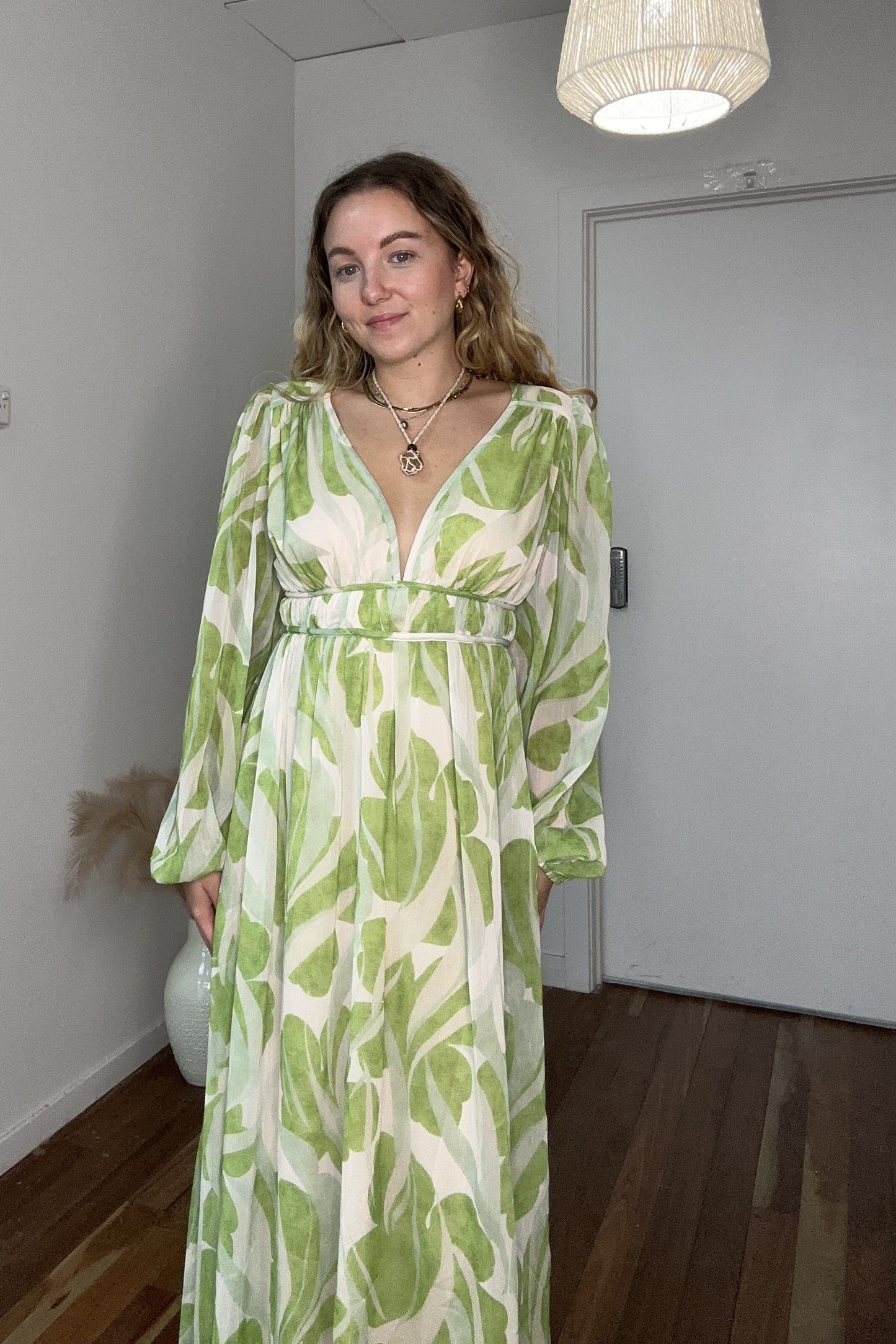 Edwina Leaf Print Long Sleeve Maxi Dress Sage Green