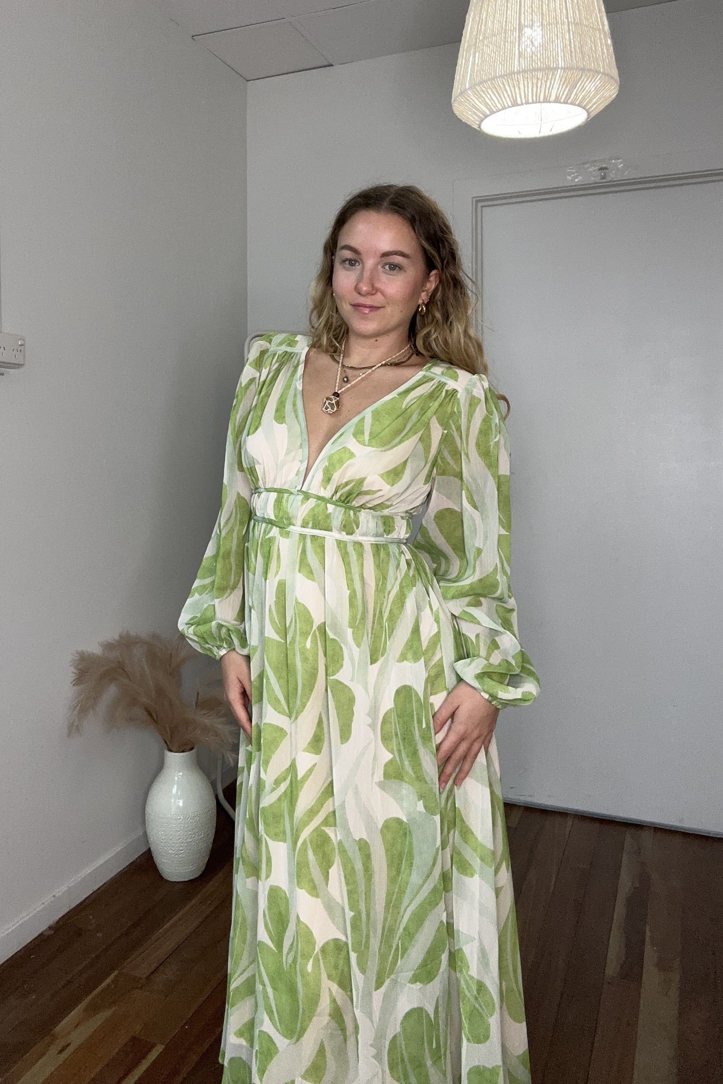 Edwina Leaf Print Long Sleeve Maxi Dress Sage Green