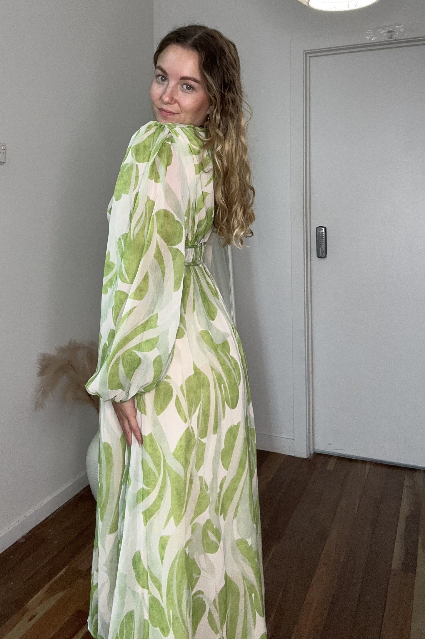 Edwina Leaf Print Long Sleeve Maxi Dress Sage Green