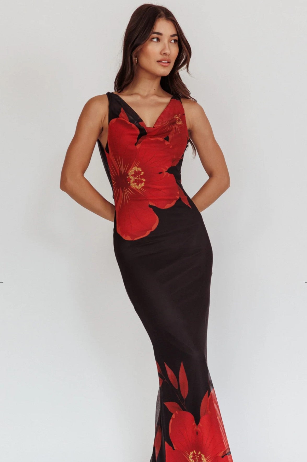 Eliza Open Back Maxi Dress Hibiscus Black