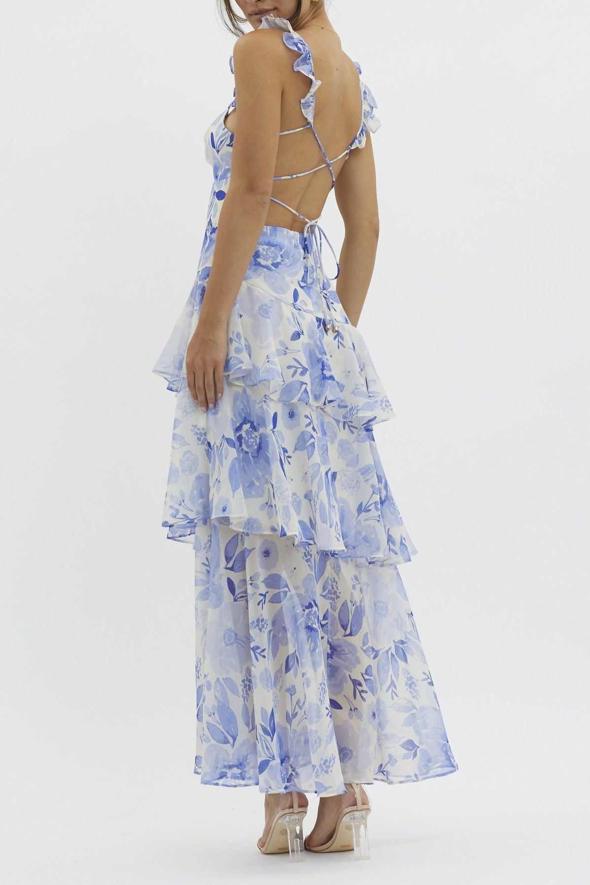 Eloise Tiered Maxi Dress Floral Pastel Blue