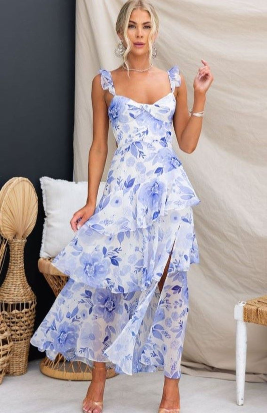 Eloise Tiered Maxi Dress Floral Pastel Blue