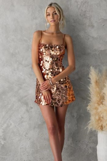 Flame Mirror Sequin Mini Dress Bronzed Gold