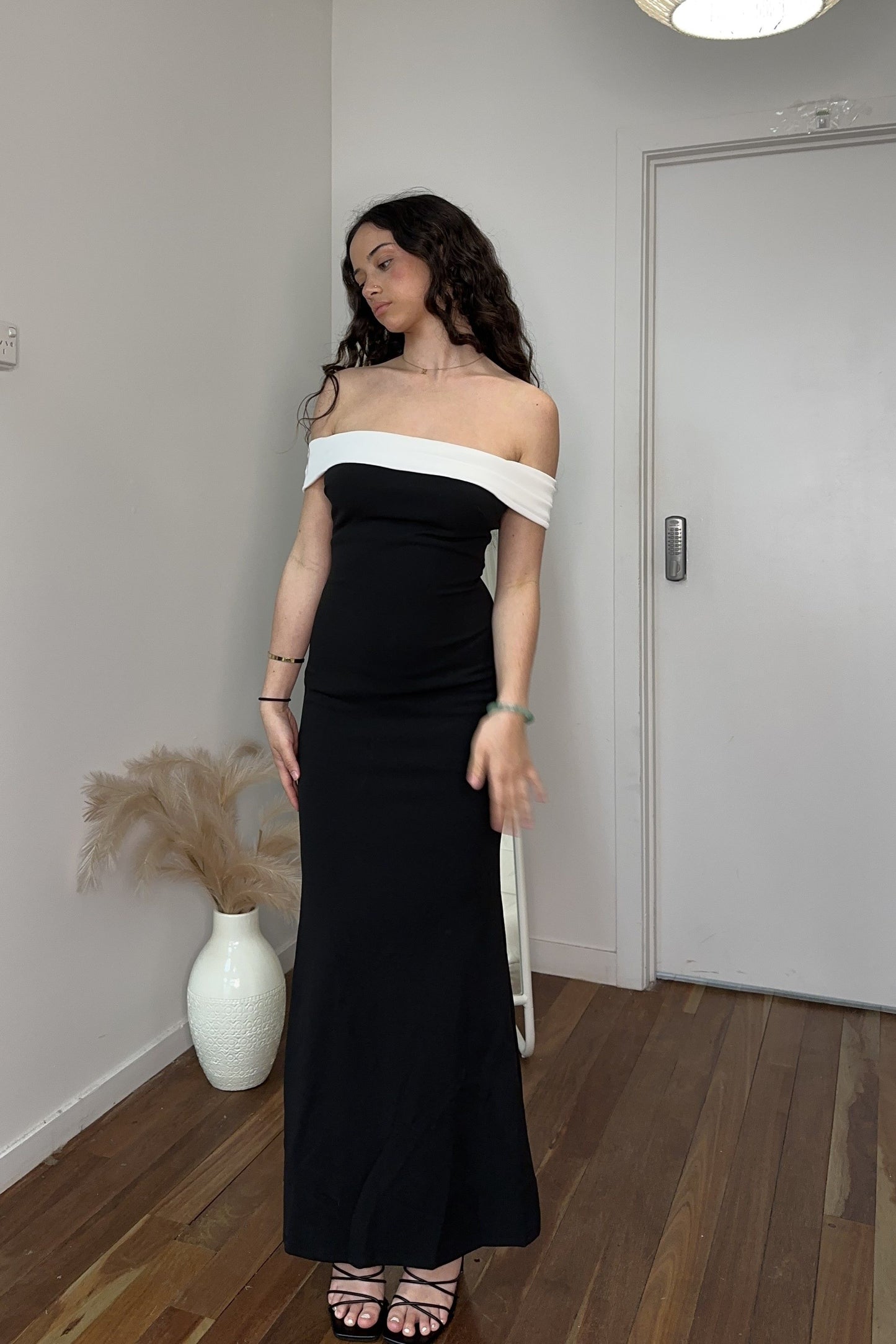 Georgina Maxi Dress Black with White Bardot Neckline