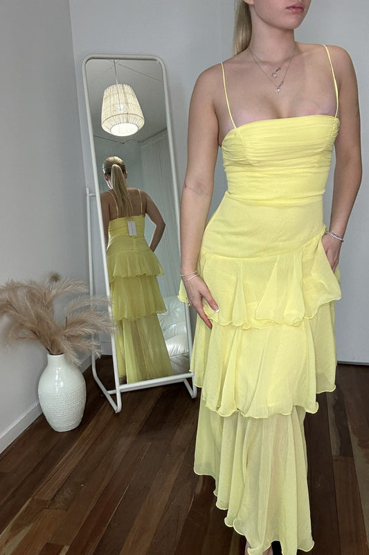 Hyacinth Shirred Bust Tiered Maxi Dress Yellow