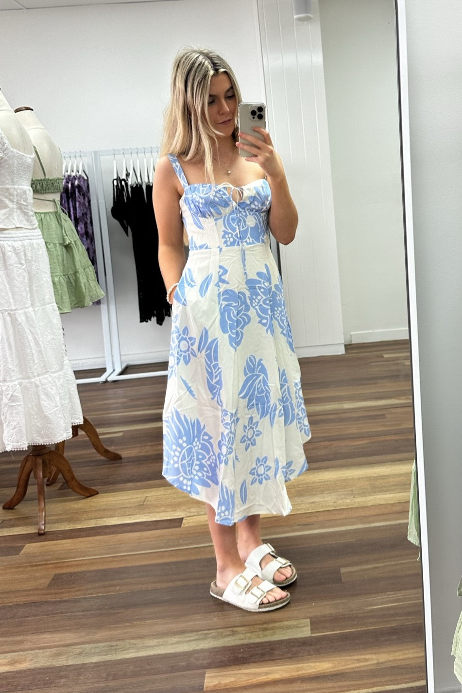 Kira Lace Up Back Midi Dress Floral Blue