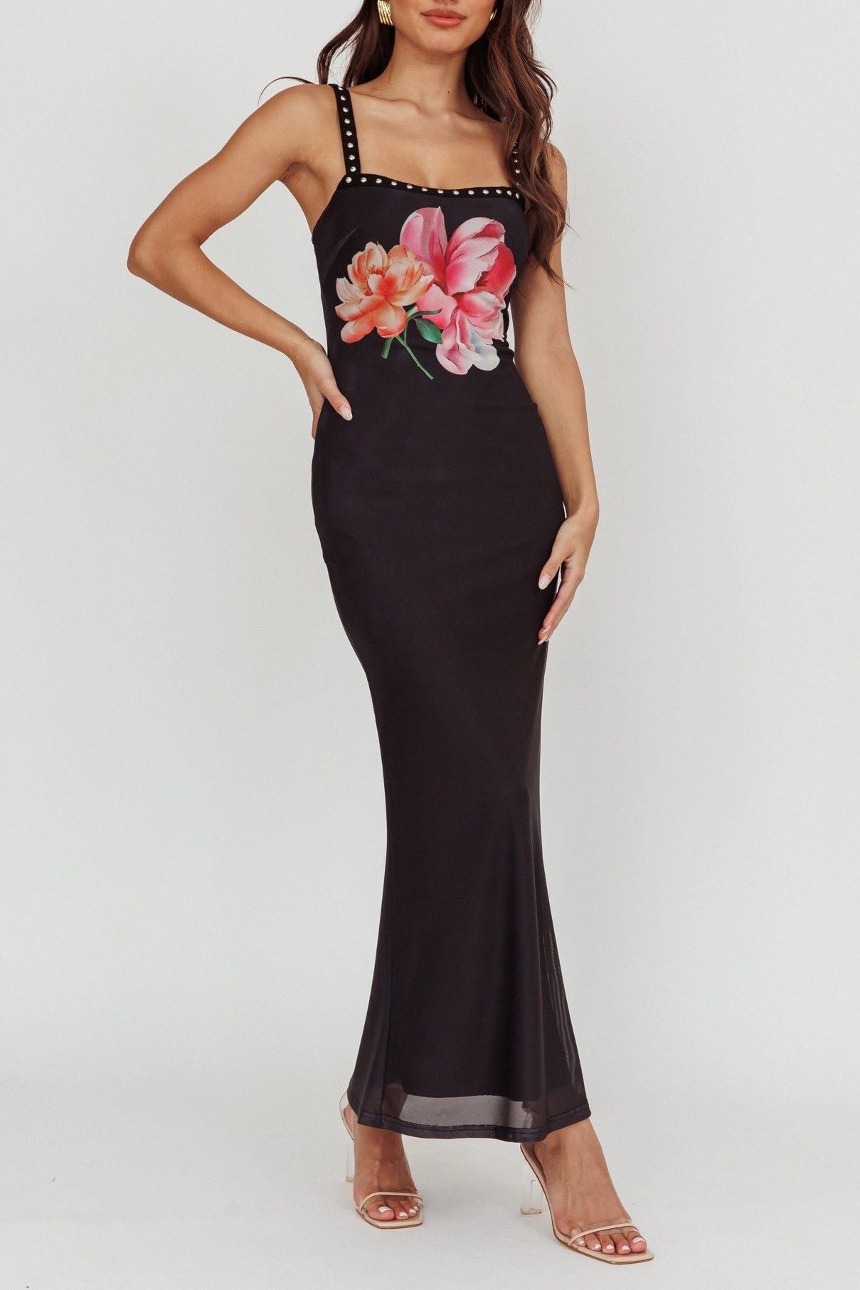 Kathani Mesh Maxi Dress Black with Floral Detail