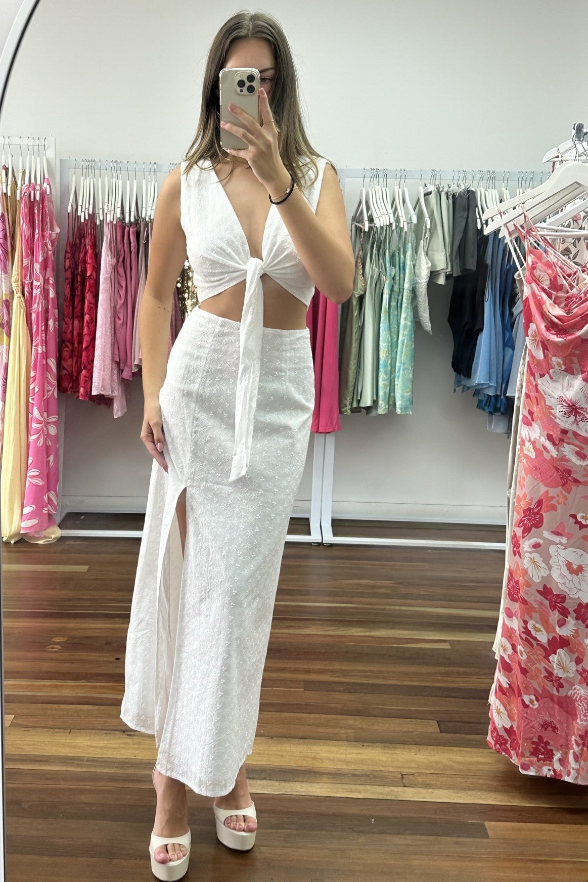 Kenzie Broderie Anglaise Split Maxi Skirt White