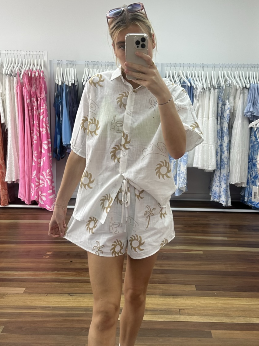 Moana Sun & Wave Gold Print White Oversized Shirt