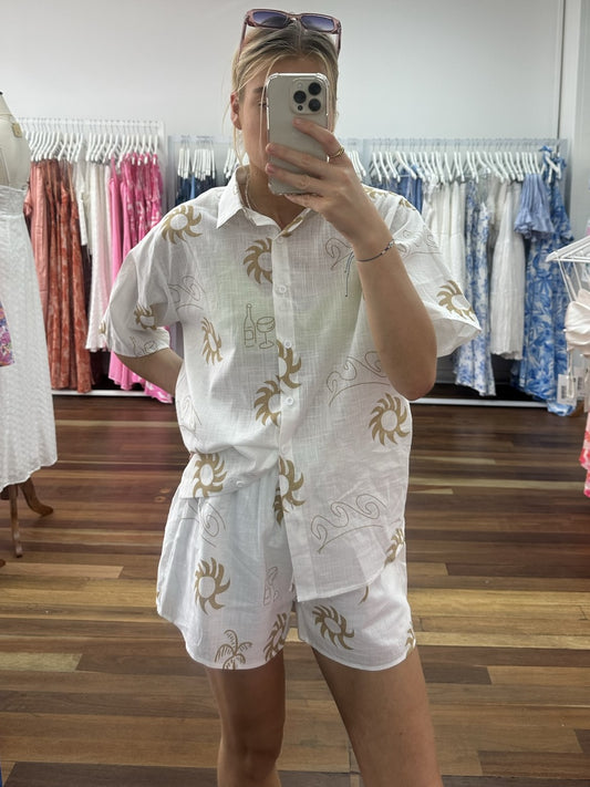 Moana Sun & Wave Gold Print White Oversized Shirt