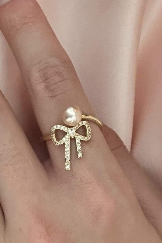 Pink Pearl Bow Ring Gold