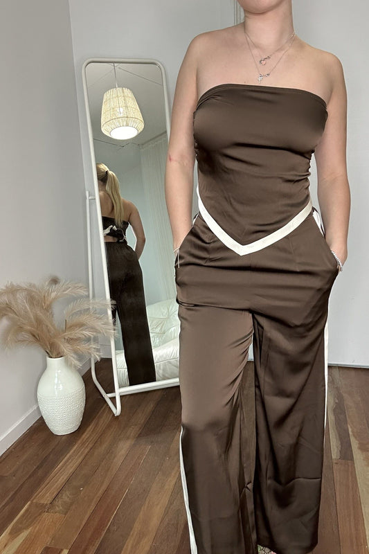 Portia Silky Wide Leg Chocolate Brown Pants with Vanilla Cream Stripe