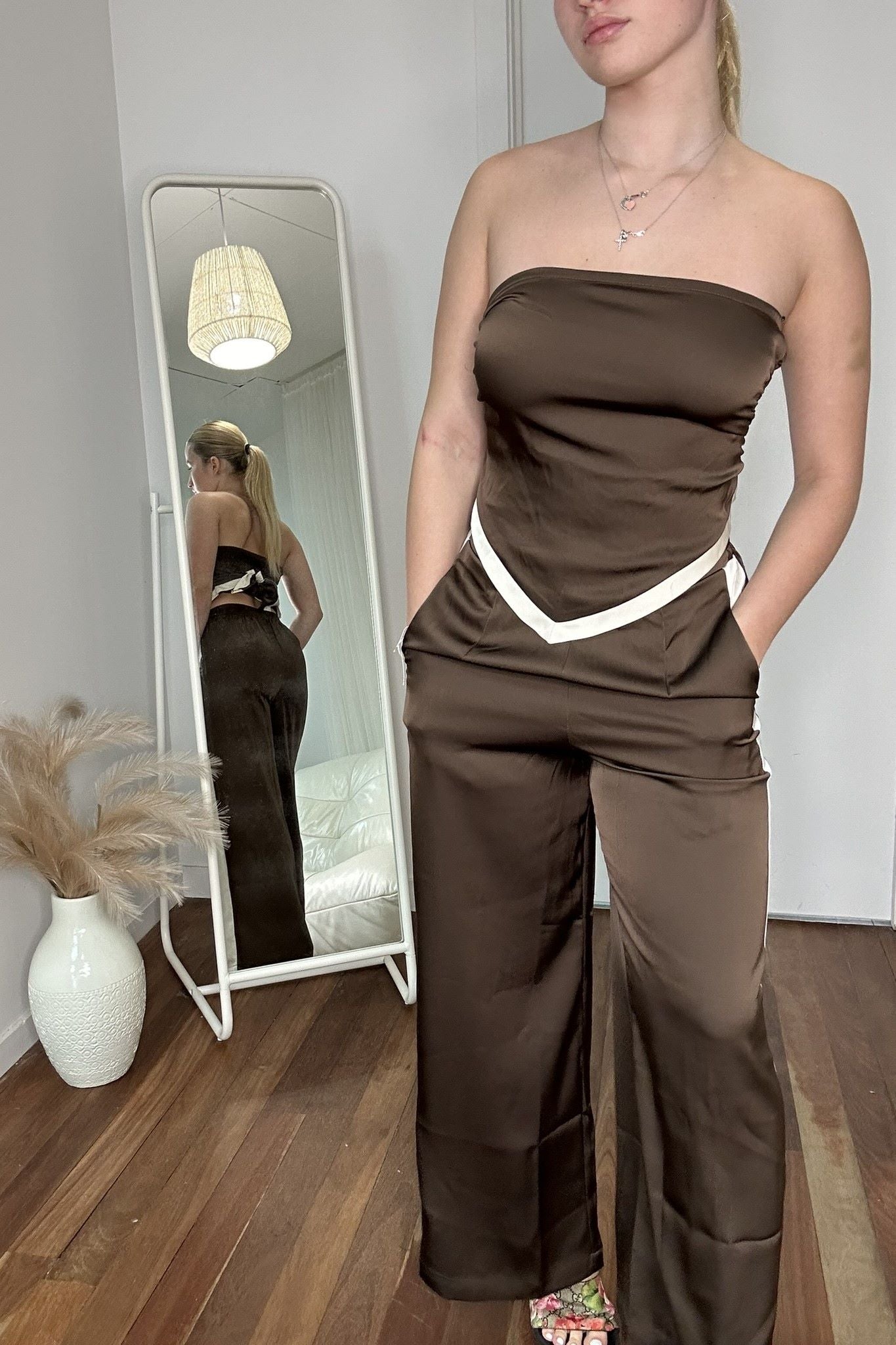 Portia Silky Wide Leg Chocolate Brown Pants with Vanilla Cream Stripe