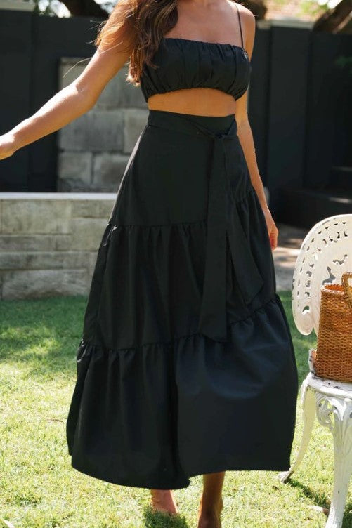 Vienna High Waisted Tiered Tie Back Maxi Skirt Black