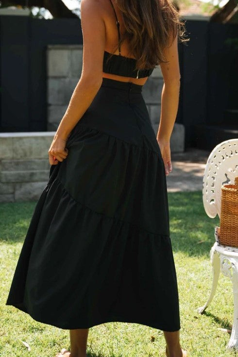 Vienna High Waisted Tiered Tie Back Maxi Skirt Black