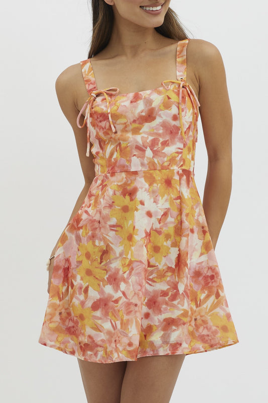 Samara Floral Mini Dress Tie Detail Peach