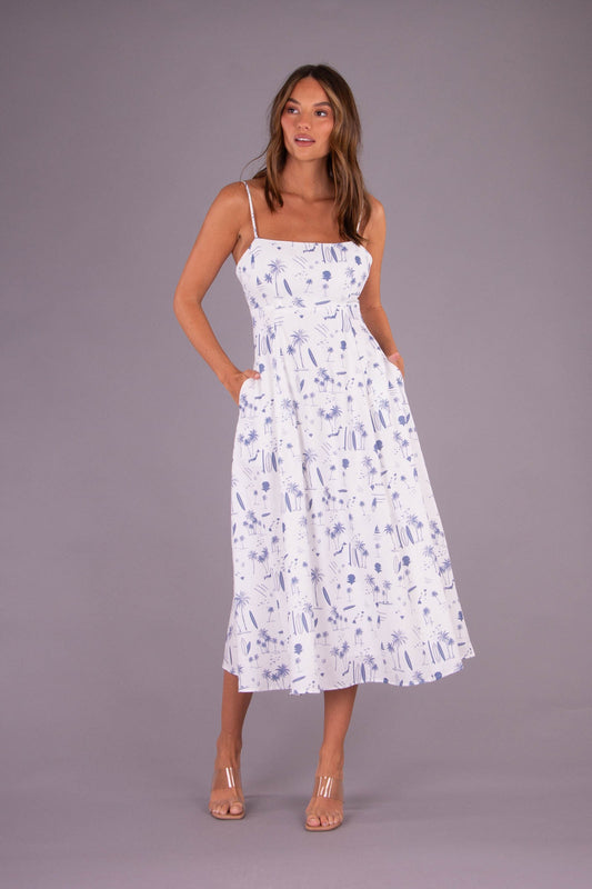 Suzanna Blue Beach Print Midi Dress White