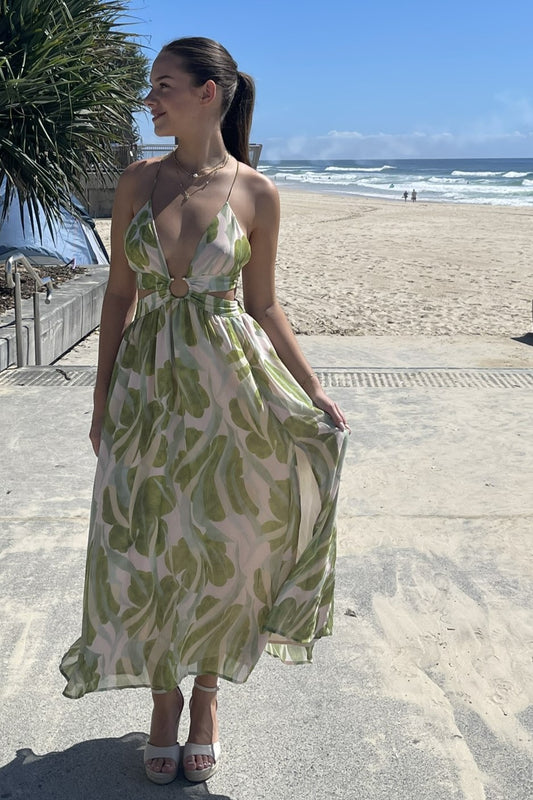 Thea Leaf Print O-Ring Maxi Dress Sage Green