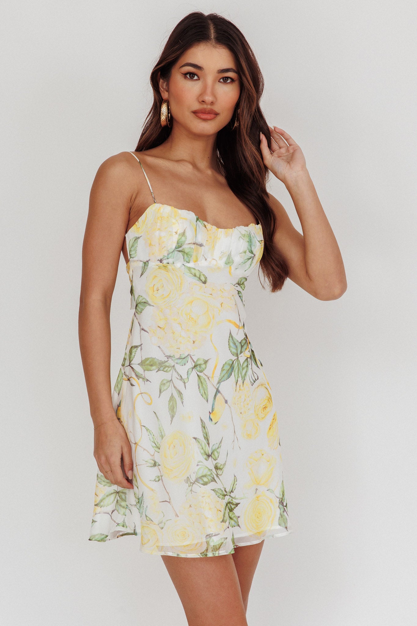 Tyla Shirred Bust Mini Dress Yellow Green and White Floral