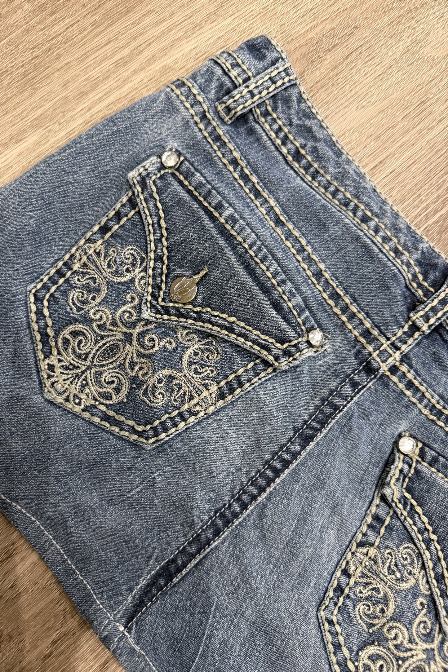 Vintage Nine West Embroidered Gem Denim Mini Skirt