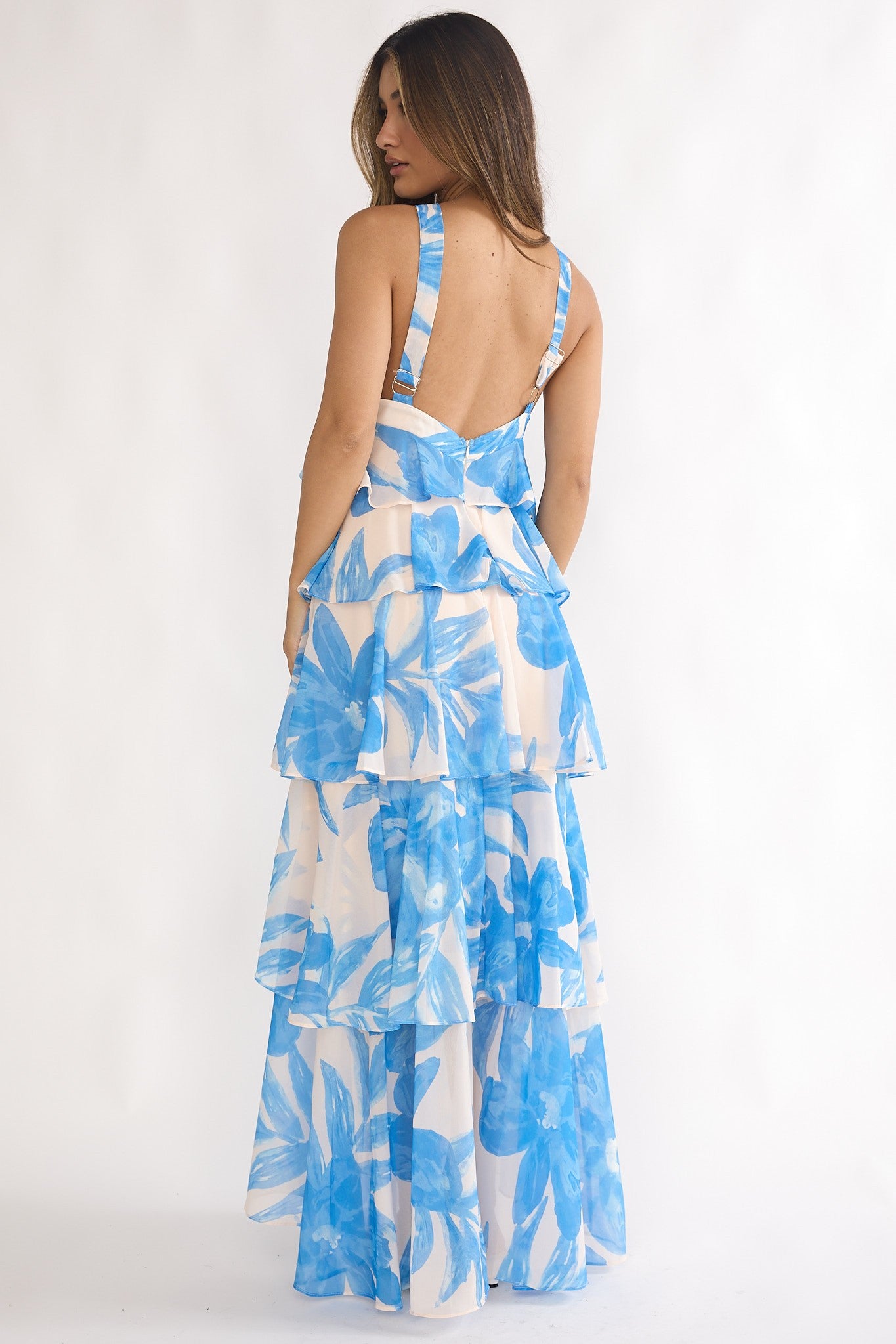Xanthe Tiered Floral Rosette Maxi Dress Blue