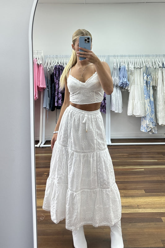 Anaya High Waisted Broderie Anglaise Maxi Skirt White