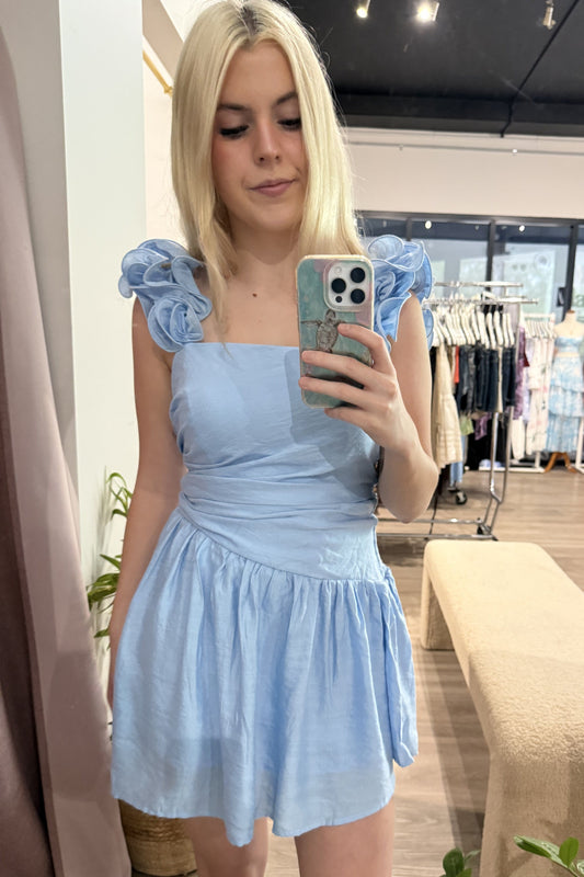 April Flower Sleeve Mini Dress Blue