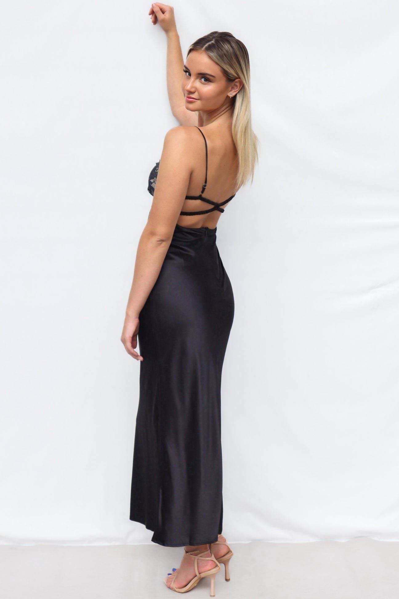 Astrid Lace Bustier Back Detail Satin Maxi Dress Black