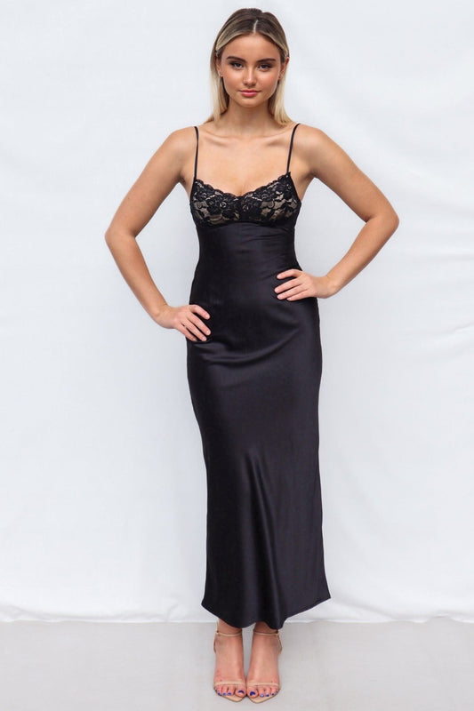 Astrid Lace Bustier Back Detail Satin Maxi Dress Black