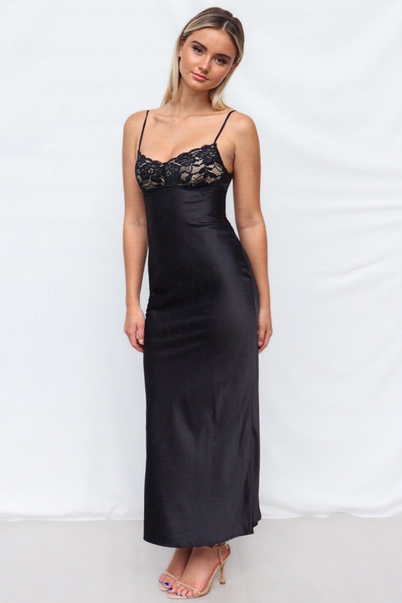 Astrid Lace Bustier Back Detail Satin Maxi Dress Black