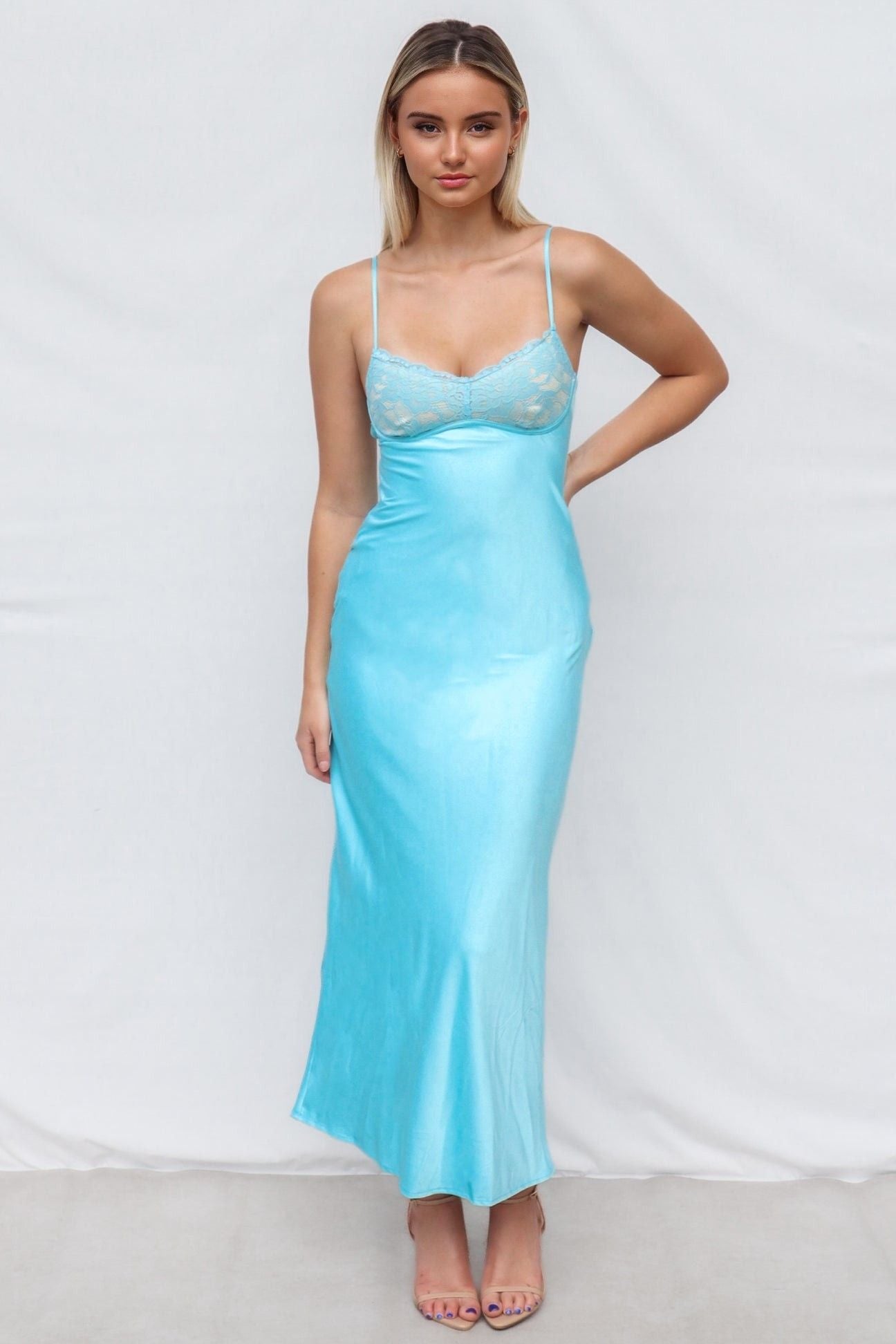 Astrid Lace Bustier Back Detail Satin Maxi Dress Sky Blue