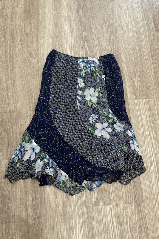 Vintage Floral Hibiscus Midi Skirt Blue