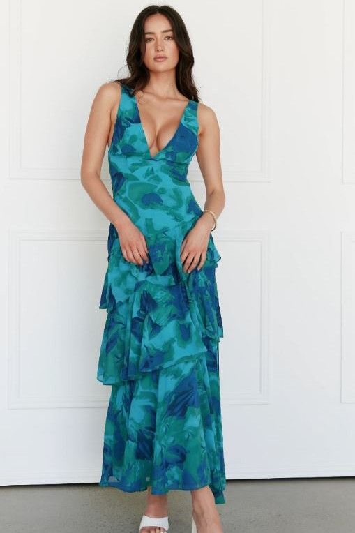 Frida Tiered Maxi Dress Floral Blue/Green
