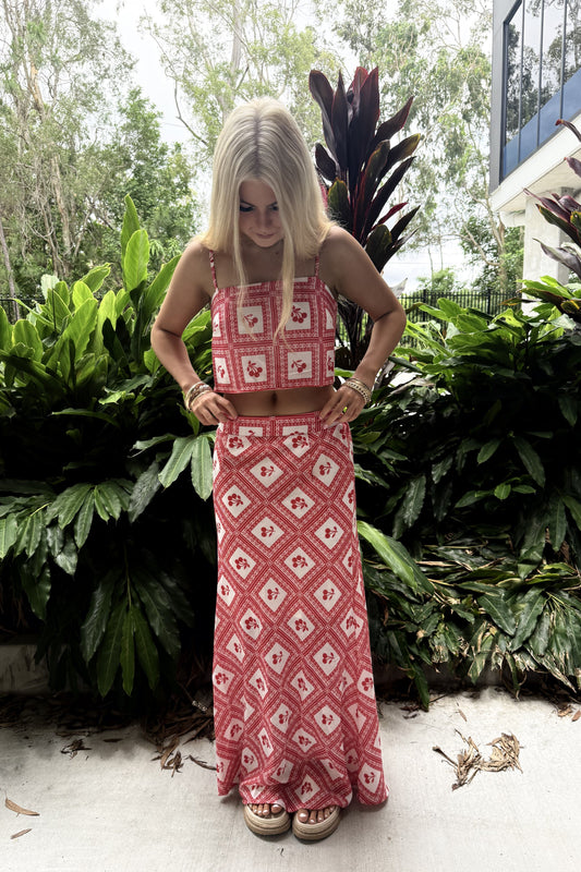 Gabby Linen Cherry Maxi Skirt Red