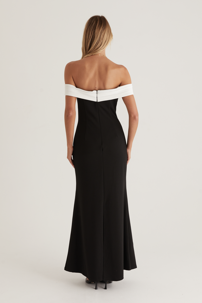 Georgina Maxi Dress Black with White Bardot Neckline