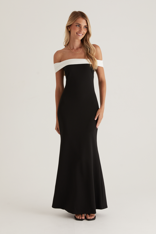 Georgina Maxi Dress Black with White Bardot Neckline