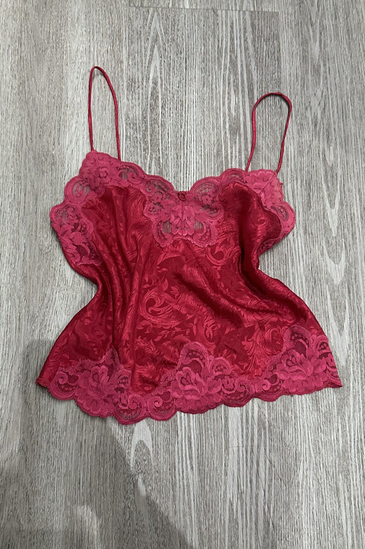 Vintage Deena Satin Rosette Lace Cami Top Hot Pink
