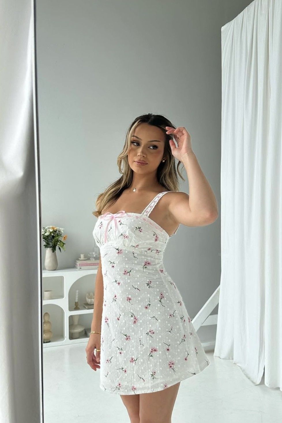 Iliana Broderie Anglaise Mini Dress White Floral with Pink Ribboning Detail