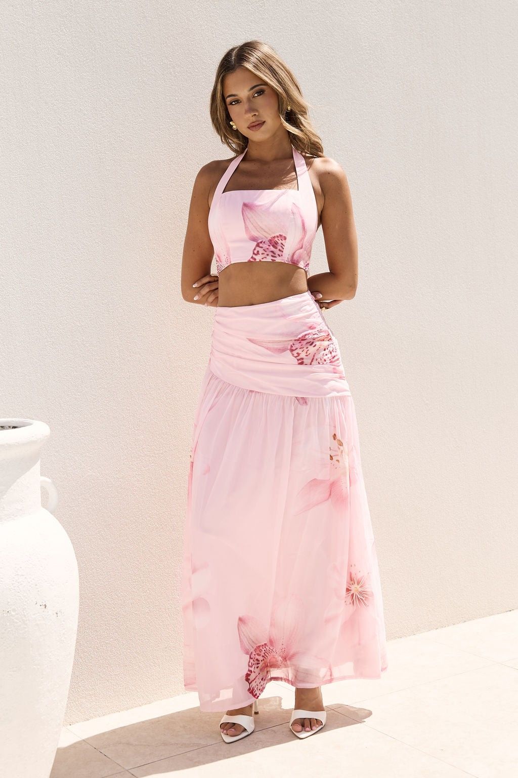 Isabel Floral Crop Top Maxi Skirt Lillies Set Pink
