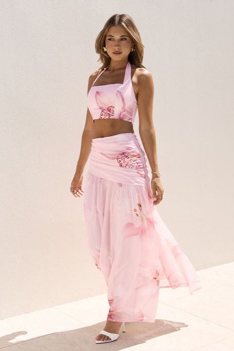 Isabel Floral Crop Top Maxi Skirt Lillies Set Pink