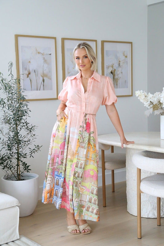 Lucy Palm Puff Sleeve Maxi Dress Peach