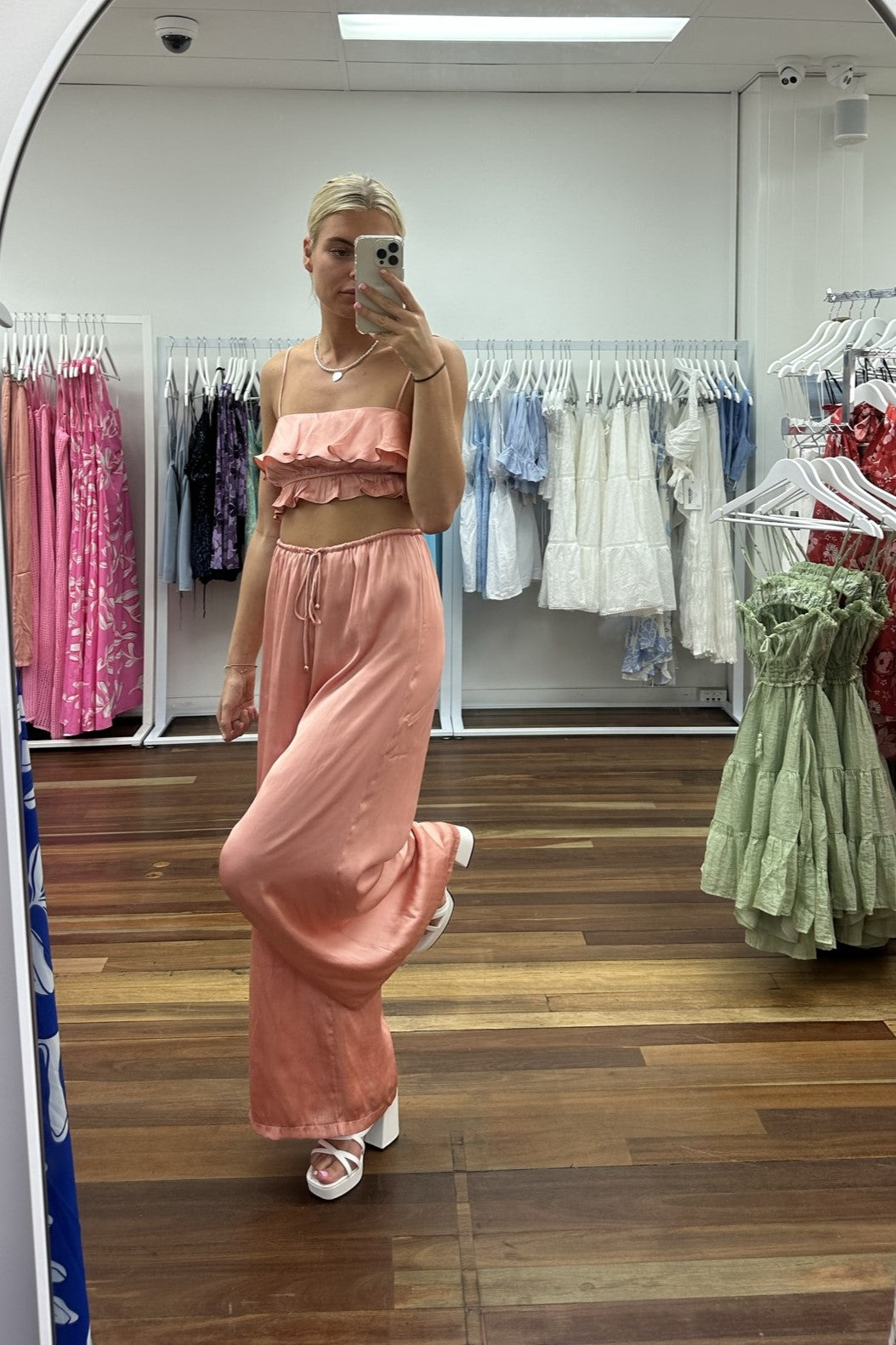 Marianna Silky Drawstring Wide Leg Pants Peach