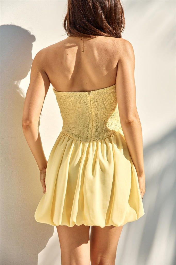 Marina Strapless Shirred Bust Bubble Skirt Mini Dress Yellow