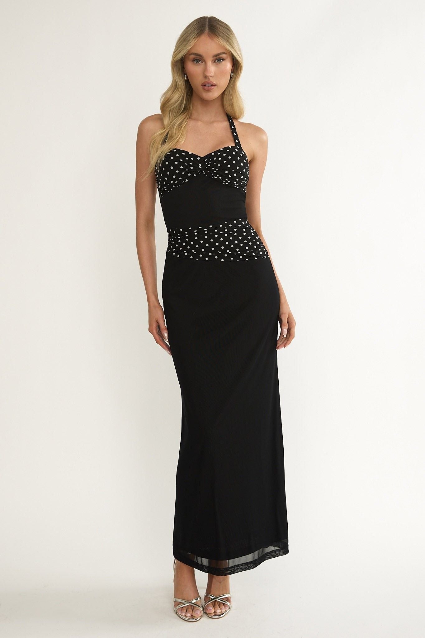 Mimi Halterneck Ruched Waist Polka Dot Maxi Dress Black