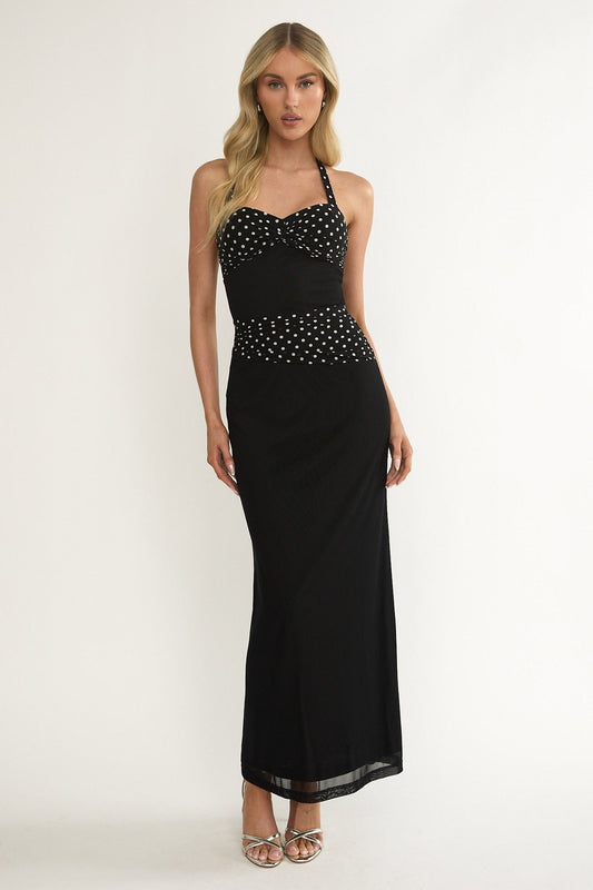 Mimi Halterneck Ruched Waist Polka Dot Maxi Dress Black