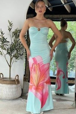 Nakia Tropical Flower Print Maxi Dress Minty Blue