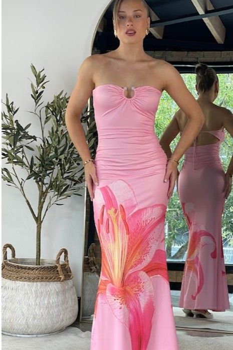 Nakia Tropical Flower Print Maxi Dress Pink