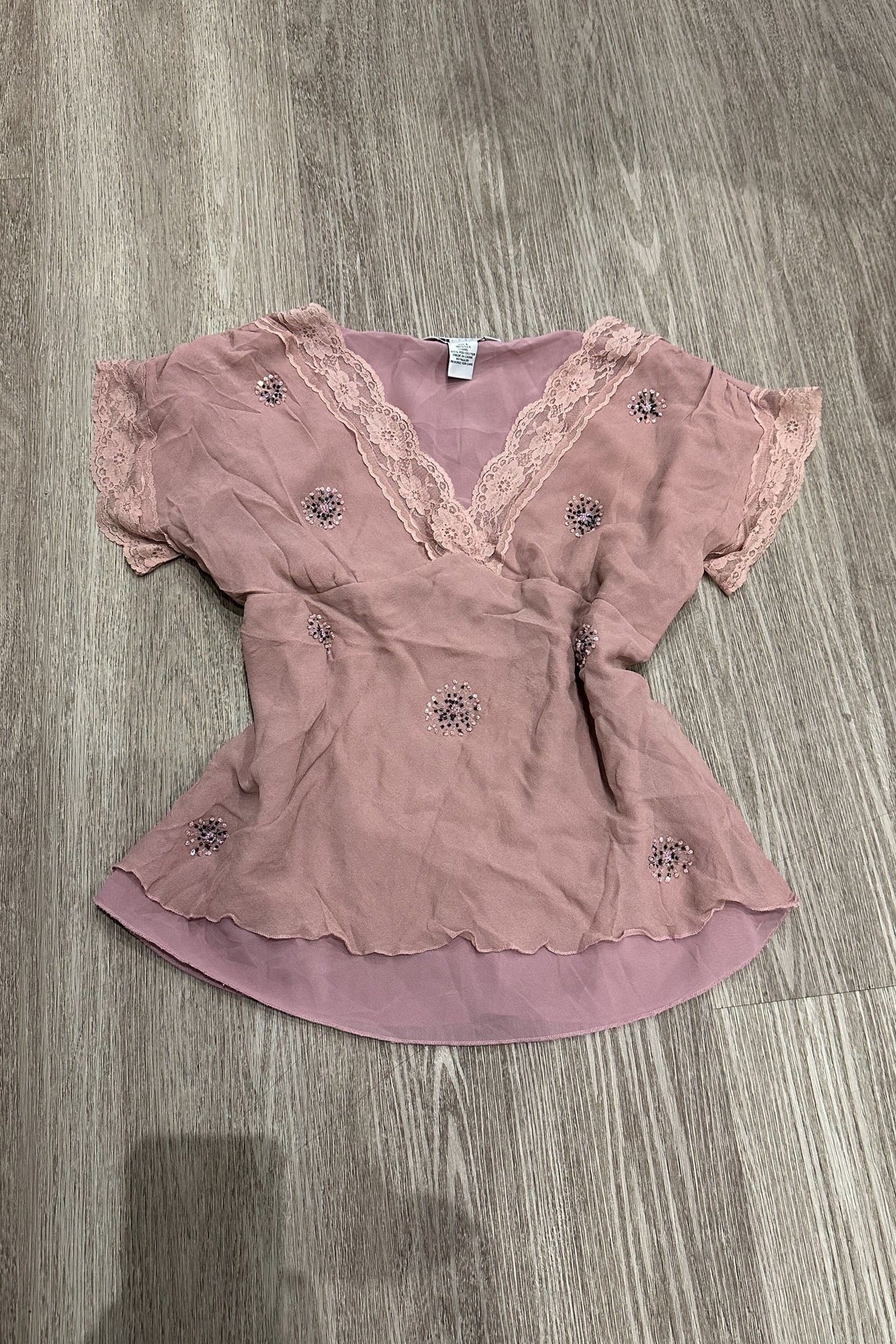 Vintage Carole Little Beaded Short Sleeve Top Pink